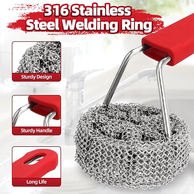 Cast Iron Chainmail Scrubber with Handle - Cleaner for Pans and Pots - Premium Stainless Steel/Silicone Scraper for Skillets - Ergonomic Food-Safe Design - Easy to Clean Cookware Dish Brush