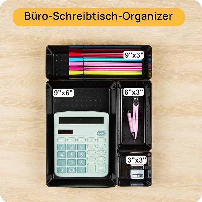 Vtopmart 25 PCS Office Desk Drawer Organizers Set, 4-Size Versatile Plastic Drawer Organizer Trays, Storage Bins for Desk Accessories Office Organizers and Storage, Bathroom, Makeup, Vanity, Black