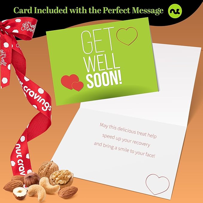 NUT CRAVINGS Gourmet Collection - Get Well Soon, Nuts Gift Basket with Get Well Soon Ribbon in Reusable Wooden Tray (12 Assortments) Food Arrangement, Healthy Snack Care Package, Food Assortments