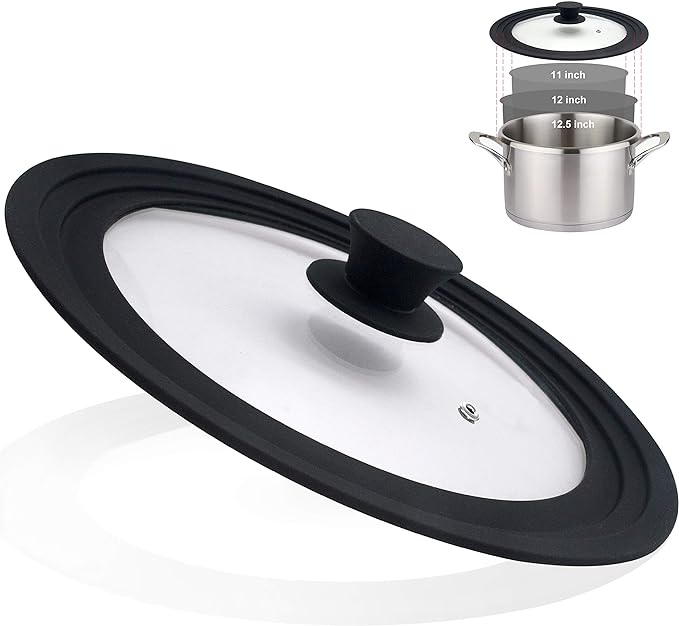 Universal Lid for Pots, Pans and Skillets - Tempered Glass with Heat Resistant Silicone Rim, Fits 11", 12" and 12.5" Diameter Cookware
