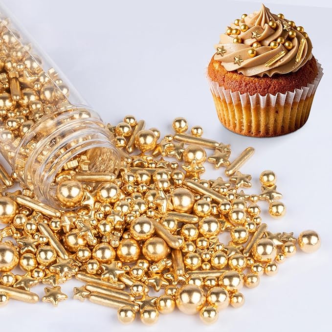 Gold Pearl Sprinkles,Edible Pearl Stars Rods Sugar Candy,Mix Size,Baking Cake Decorations,Cupcake Toppers,Cookie Donuts Ice Cream,Holiday,Birthday Wedding Party Valentines Christmas Supplies,130g/4.58oz