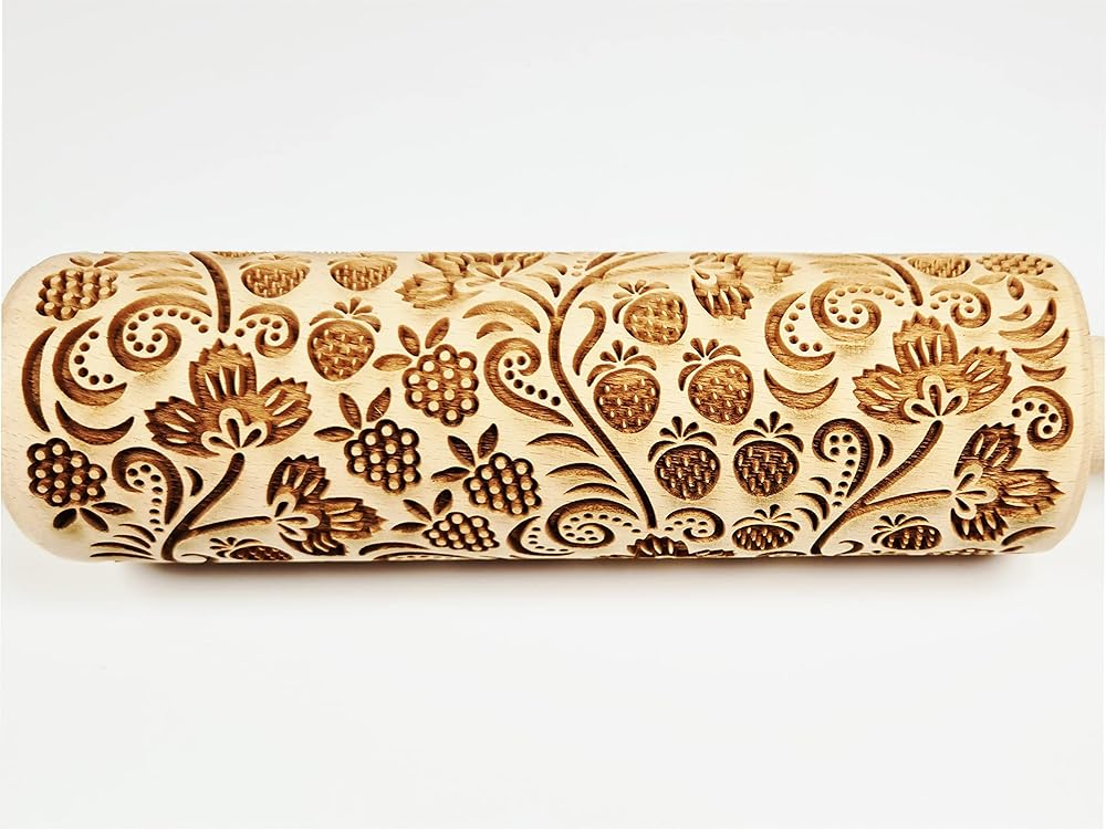 STRAWBERRY embossing rolling pin. Engraved wooden embossed dough roller for embossed cookies or clay by Algis Crafts