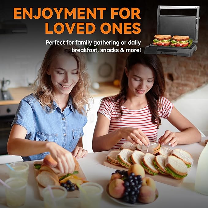 Baker's Friend Mini Panini Press Electric Griddle, 2 Slices of Panini Grill Press Sandwich Maker Press, Sandwichera Electrical for Pancakes & Eggs, Oil Tray, Non Stick Surfaces, Stainless Steel