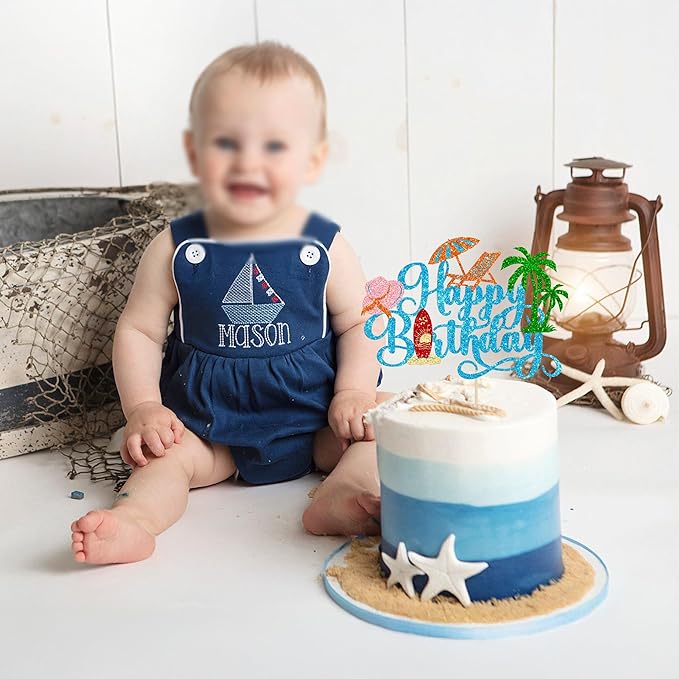 Gyufise 1Pcs Summer Beach Happy Birthday Cake Topper Glitter Ball Tree Umbrella Pool Cake Pick for Hawaiian Holiday Baby Shower Birthday Party Cake Decorations Supplies Blue