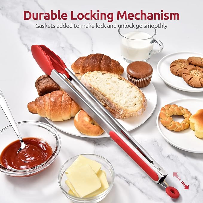 600ºF Heat Resistant Kitchen Tongs: U-Taste 16 inch Extra Long Large Silicone Cooking Tong with Sturdy Non Stick Rubber Tips & Non Slip Silicon Coated 18/8 Stainless Steel Handle for Grilling BBQ(Red)