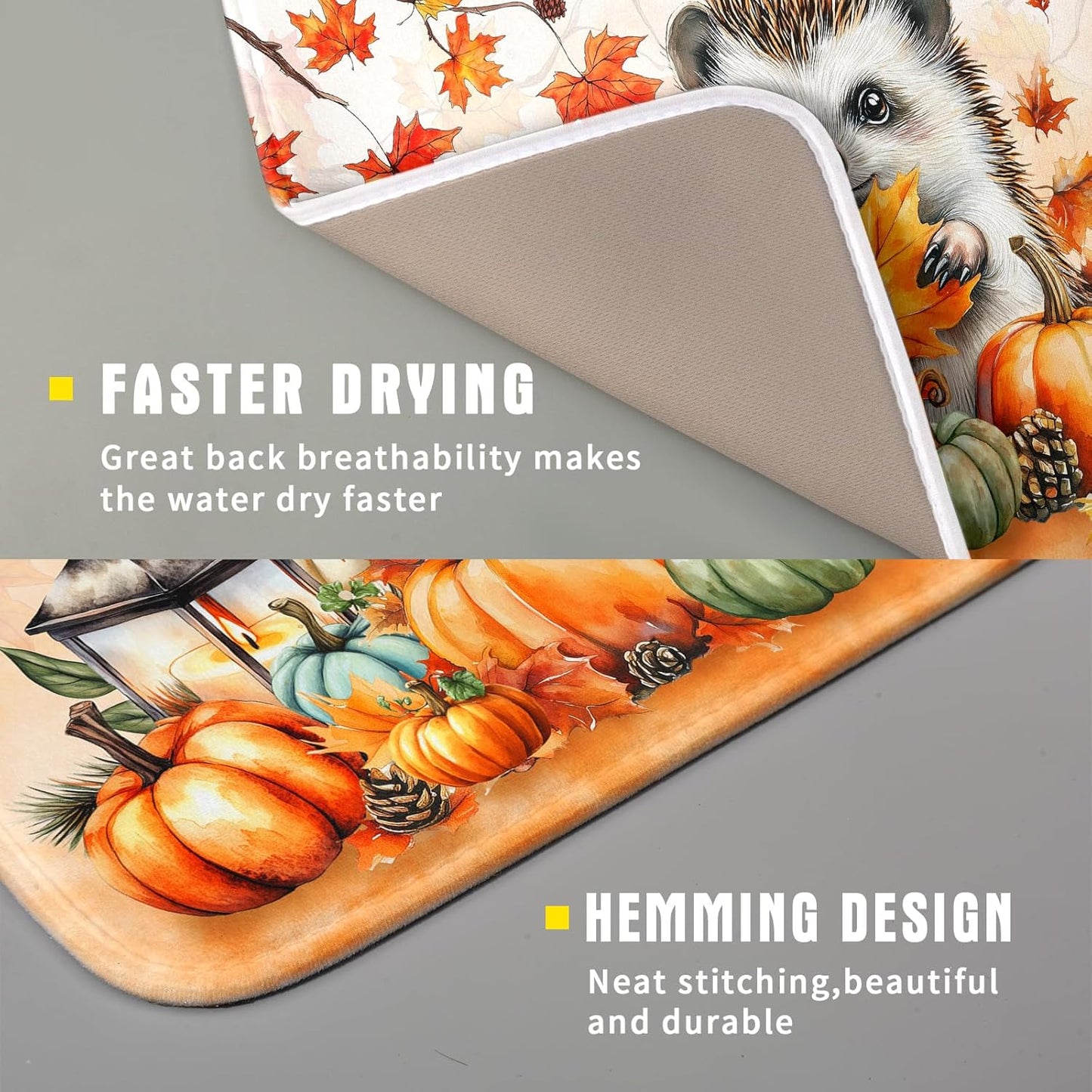 Happy Fall Dish Drying Mat - Cute Hedgehog Absorbent Drying Pad for Kitchen Counter