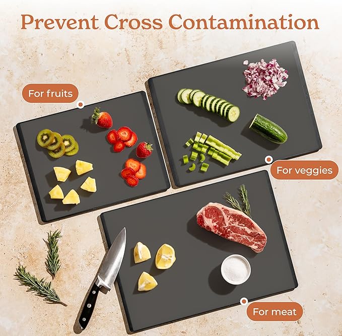 SMIRLY Plastic Cutting Board Set 3 Pieces, Non-Slip Dishwasher Safe Chopping Boards for Kitchen, Dark Grey