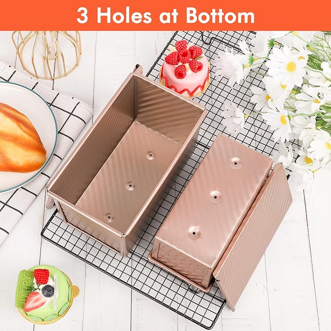 Beasea Pullman Loaf Pan with Lid, 2 Pack Non-Stick Bread Loaf Pans for Homemade Bread 1 lb & 0.5 lb Carbon Steel Bread Toast Box with Dough Scraper for Bread Toast Oven Baking - Rose Gold