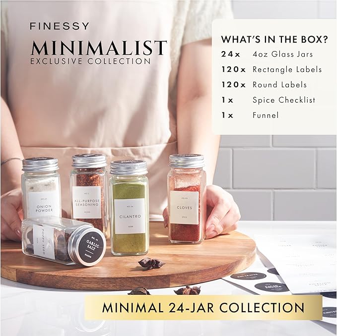 Glass Spice Jars with Labels with Metal Lids and Shakers Minimalist 24 Pack Set, 4oz Small Clear Empty Spice Bottles Seasoning Containers with Label Organizer Square Herb Seasoning Jars for Kitchen