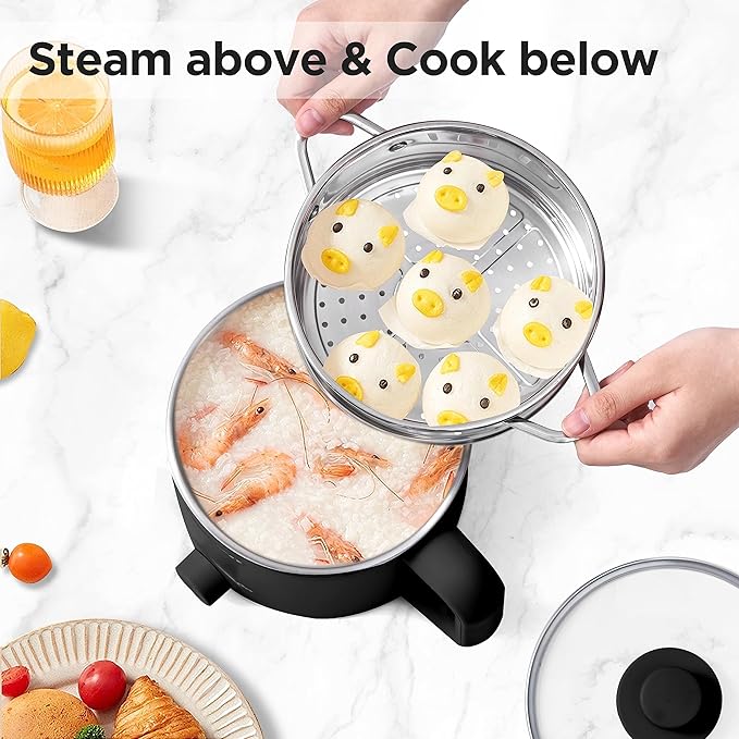 Topwit Hot Pot Electric with Steamer, 1.6L Ramen Cooker, Electric Pot for Pasta, Shabu-Shabu, Oatmeal, Soup and Egg, Portable Cooker with Dual Power Control, Dorm Room Essentials, Black