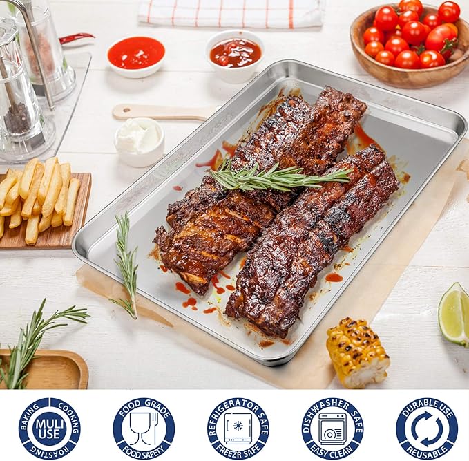 P&P CHEF 16 Inch Baking Cookie Sheet, Oven Pan Tray Stainless Steel Sheet Pan for Kitchen, Oven Bakeware for Multi Uses, Shiny Look & Dishwasher Safe, Healthy & Heavy Duty, 3Pcs