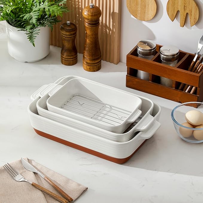 MALACASA Casserole Dishes for Oven with Roasting Racks, Ceramic Baking Dishes Set of 3, Baking Pan Casserole Dish Set, Rectangular Lasagna Pan Deep with Handles for Baking, Khaki White (14.5''/13''/10.5''), Series TARA