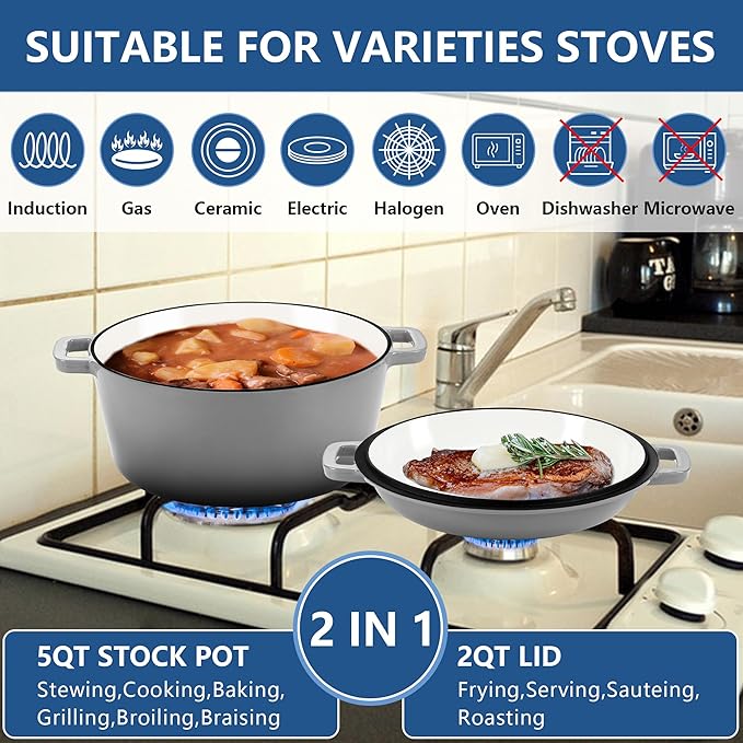 E-far 5 Quart Enameled Cast Iron Dutch Oven, 2 in 1 Dutch Oven Pot with Skillet Lid and Silicone Bread Sling, Ideal for Bread Baking, Cooking, Stewing, Frying, Induction & Oven Safe - Grey