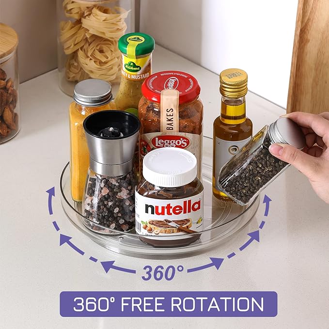 4 Pack 9 Inch Clear Acrylic Lazy Susan, Non-Skid Turntable Organizer for Cabinet, Kitchen, Pantry Organization Storage, Refrigerator, Vanity Makeup, Bathroom Countertop Organizing, Rotating Spice Rack