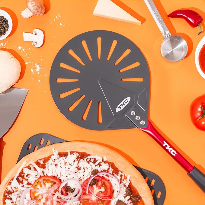 TKC 9" Perforated Pizza Peel, Professional Aluminum Pizza Turning peel, Long Handle Metal Pizza Spatula for Indoor and Outdoor, Lightweight Non-Stick Pizza Turner - Pizza Oven Accessories RED