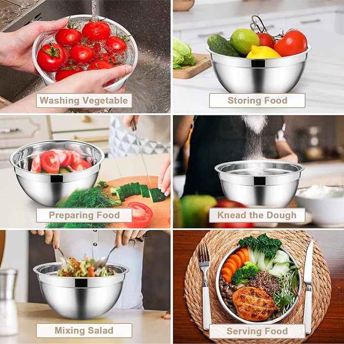 E-far Stainless Steel Mixing Bowls with Airtight Clear Lids Set of 7, Metal Nesting Bowls for Kitchen Prep, Baking, Cooking, Serving, Salad, Dishwasher Safe, Size 4.6, 3.5, 3, 2, 1.5, 1, 0.7QT, Khaki