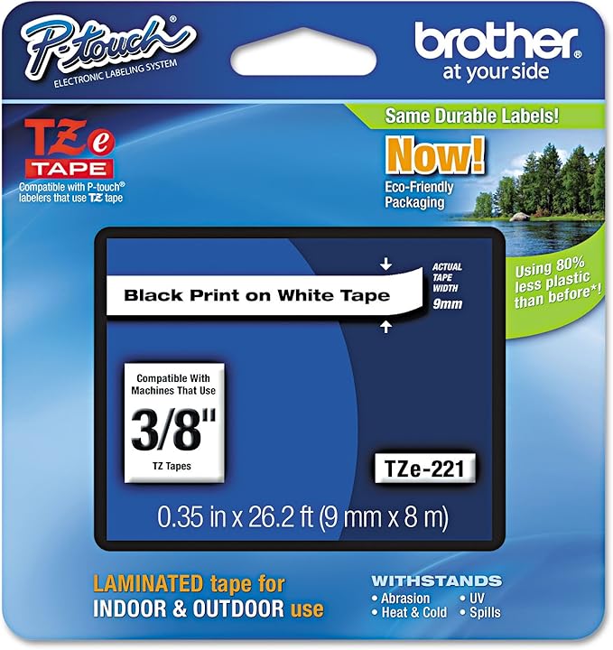 Brother(R) TZe-221 Black-On-White Tape, 0.38in. x 26.2ft., BRTTZ221