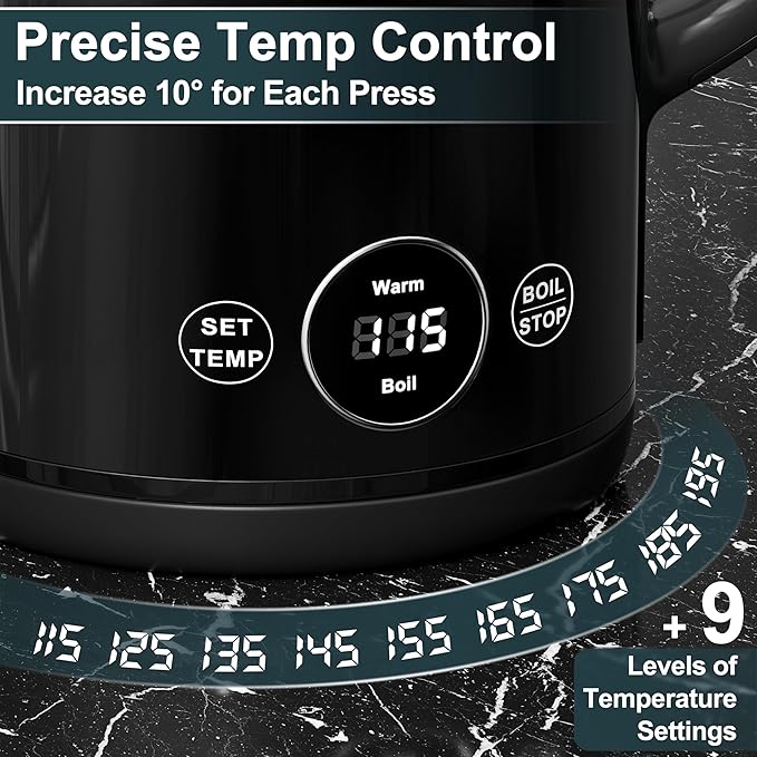 DEZIN Electric Kettle Temperature Control, 1.7L Stainless Steel Electric Tea Kettle with LED Display, 1200W Rapid Boil, 12H Keep Warm, 9 Presets Modes Hot Water Boiler Heater for Tea, Coffee, Black