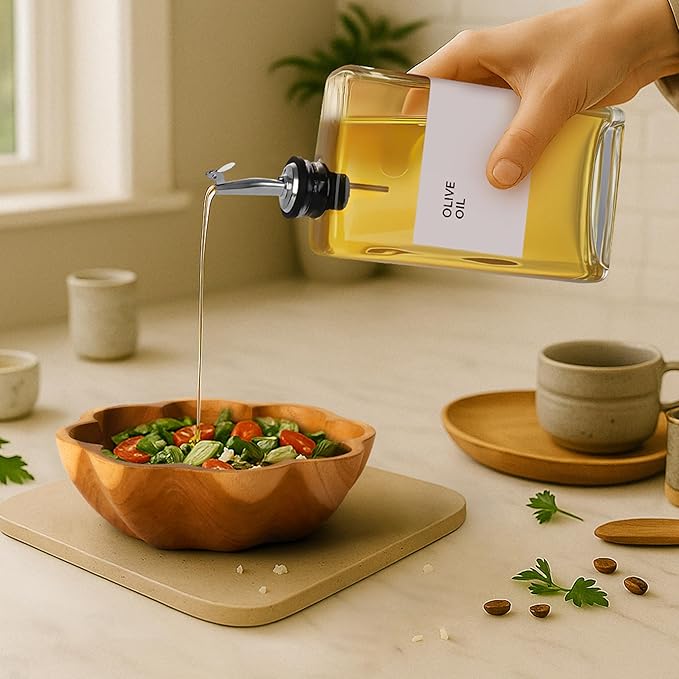 Olive Oil Dispenser Bottle - Includes 44 Kitchen Essential Labels - Cooking Oil Bottles for Kitchen, Coffee Syrup Dispenser - Pourer Spout with 11.8 fl oz Glass Container Cruet - 2pcs Silver