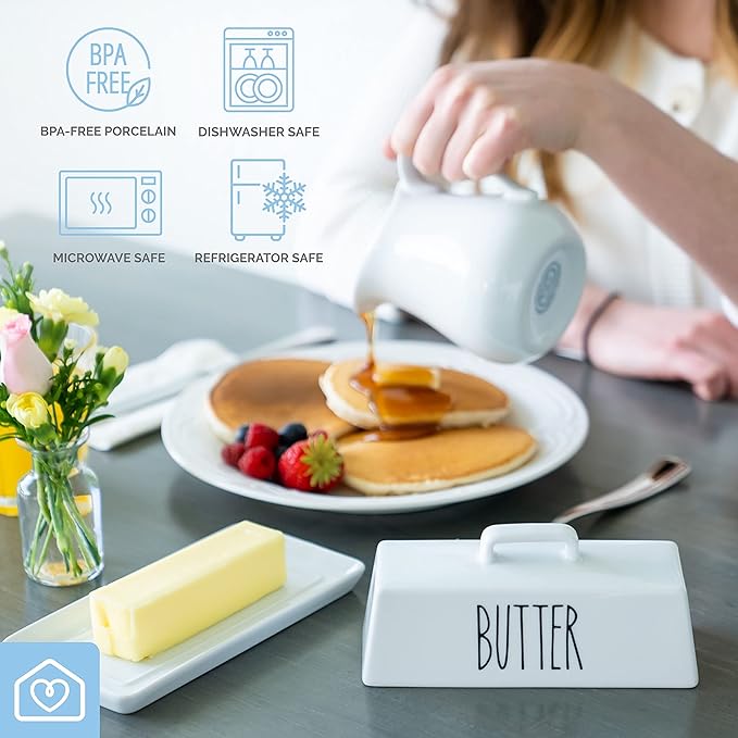 Heartland Home Porcelain Covered Butter Dish with Lid for Countertop (Lid with Handle). 7.6" x 3.8" Butter Holder Container for One Stick of Butter. Textured Tray Butter Keeper for Non Slip Storage