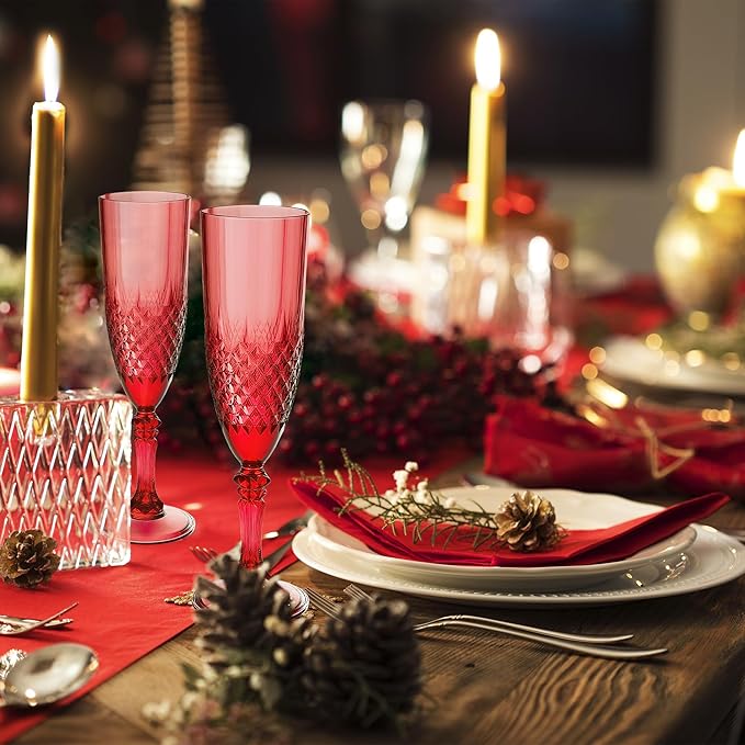 Plastic Champagne Flutes, 24PCS Dark Red Plastic Wine Glasses Goblets Reusable Champagne Flute for Weddings, Christmas, Bachelor Parties, Toasting, and Events(24, Dark Red)