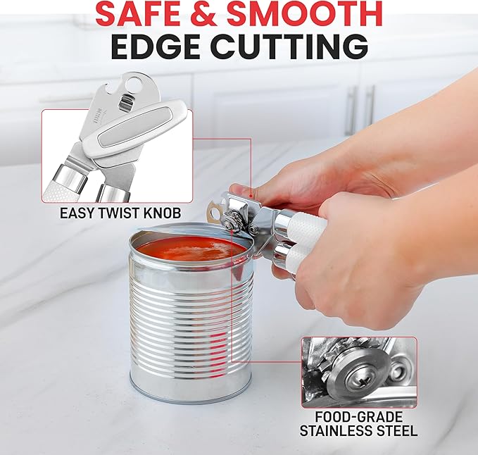 Zulay Kitchen Heavy Duty Stainless Steel Can Opener Manual with Large Bottle Opener - Manual Can Opener with Turn Knob with Soft Grip Handles - White