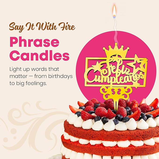 Feliz Cumpleanos Reusable Gold Romantic Cake Candle - Luxury Cake Topper Candle for Birthdays, Weddings & Anniversaries - Reusable Food Safe Acrylic, Shiny Mirror Finish - Happy Birthday Cake Topper