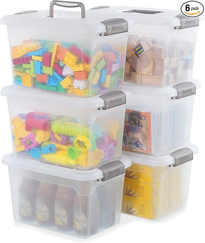 Citylife 6 Packs 8.5 QT Storage Bins with Lids Clear Plastic Bins with Grey Handle Stackable Storage Containers for Organizing