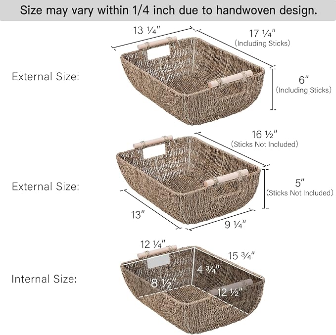 StorageWorks Hand-Woven Jumbo Storage Baskets with Wooden Handles, Seagrass Wicker Baskets for Organizing, 2-Pack