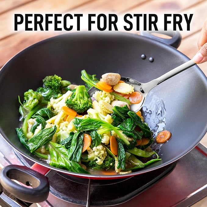 Zulay Kitchen Stainless Steel Slotted Spoon - Large Cooking Spoon - Durable Premium Stainless Steel with Comfortable, Ergonomic Handle - Easy to Clean - Perfect for At Home Cooking & Buffets - 15”