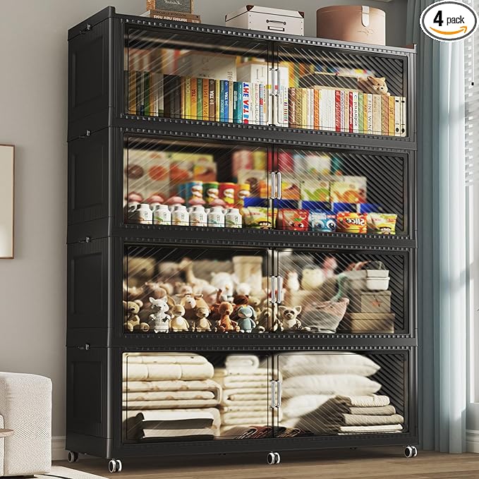 320GAL Extra Large Storage Bins with Lid, 1280QT Plastic Stackable Storage Bins with 6x Wheels, Collapsible Closet Organizer and Storage Drawer Cabinet for Living Room Office Dorm, 4Pack Black