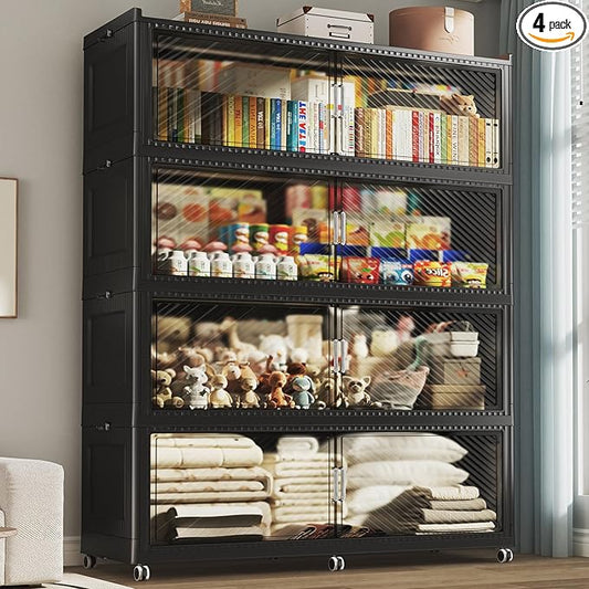 320GAL Extra Large Storage Bins with Lid, 1280QT Plastic Stackable Storage Bins with 6x Wheels, Collapsible Closet Organizer and Storage Drawer Cabinet for Living Room Office Dorm, 4Pack Black