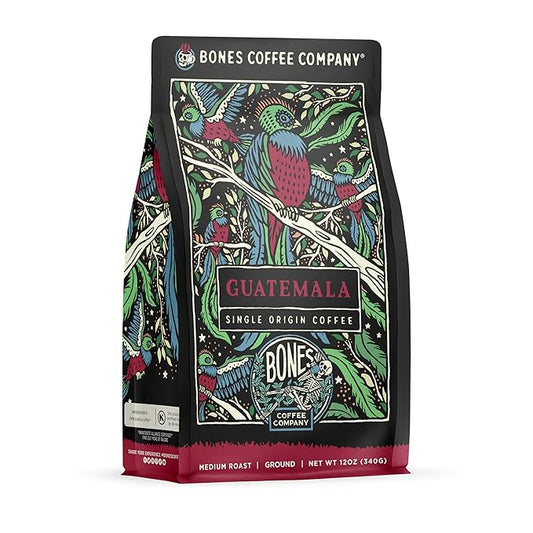 Bones Coffee Company Guatamela Single-Origin, Milk Chocolate, Citrus and Caramel Notes, Ground Coffee Beans, Low Acid Medium Roast Arabica Beans Flavored Coffee, 12 oz Ground