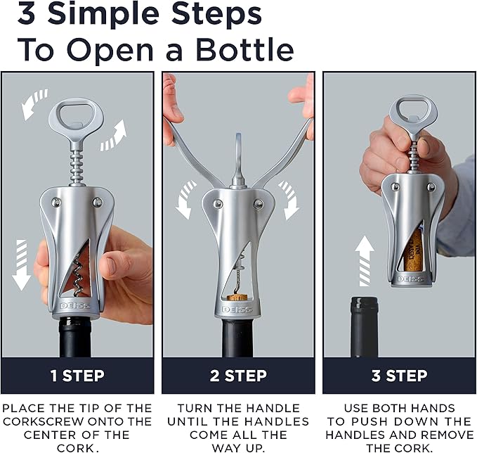 Deiss LUX Wine Opener, All-Metal Wing Corkscrew Wine Bottle Opener with Built-in Beer Bottle Opener - Ergonomic Cork Screw Wine Corker, Silver Matte Coating, Velvet Storage Pouch (SILVER)