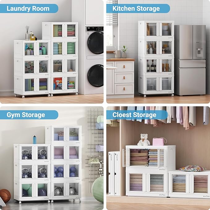 300Qt Stackable Storage Bins with Lids, 75Gal Closet Organizers and Storage Drawer, Plastic Collapsible Storage Bins with Doors, Heavy Duty Store Box Cabinet for Home Office, 3Pack White