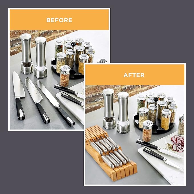 In-Drawer Knife Block - Bamboo Knife Drawer Organizer for Kitchen - Fits 5 Long + 6 Short Knives - Store Knives with Blades Pointing Down - Wooden Steak knife Holder without Knives - Chef Gift Idea