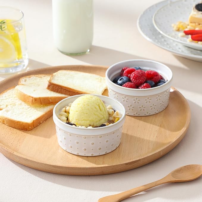 MALACASA Ramekins 4 Oz Oven Safe, Ceramic Creme Brulee Souffle Dishes, Pudding Custard Cups Ramekin For Baking, Small Dipping Sauce Bowls, Set of 4, Microwave and Dishwasher Safe, Arctic White