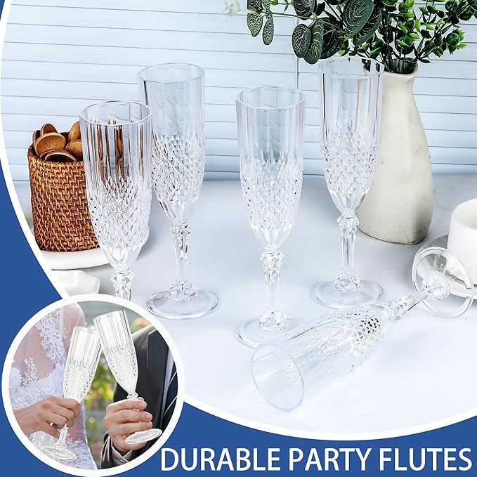 Plastic Champagne Flutes, 48PCS Transparent White Plastic Wine Glasses Goblets Shatterproof Reusable Champagne Flute for Weddings, Bachelor Parties, Toasting, and Events(48,Transparent)