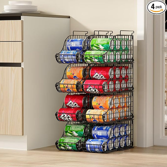 4-Pack Stackable Canned Food Organizer with Handles for Kitchen, Soda Can Organizer for Pantry Shelves, Wire Cabinet Shelf for Can Storage, Foldable Soda Dispenser, Patent Pending, Black