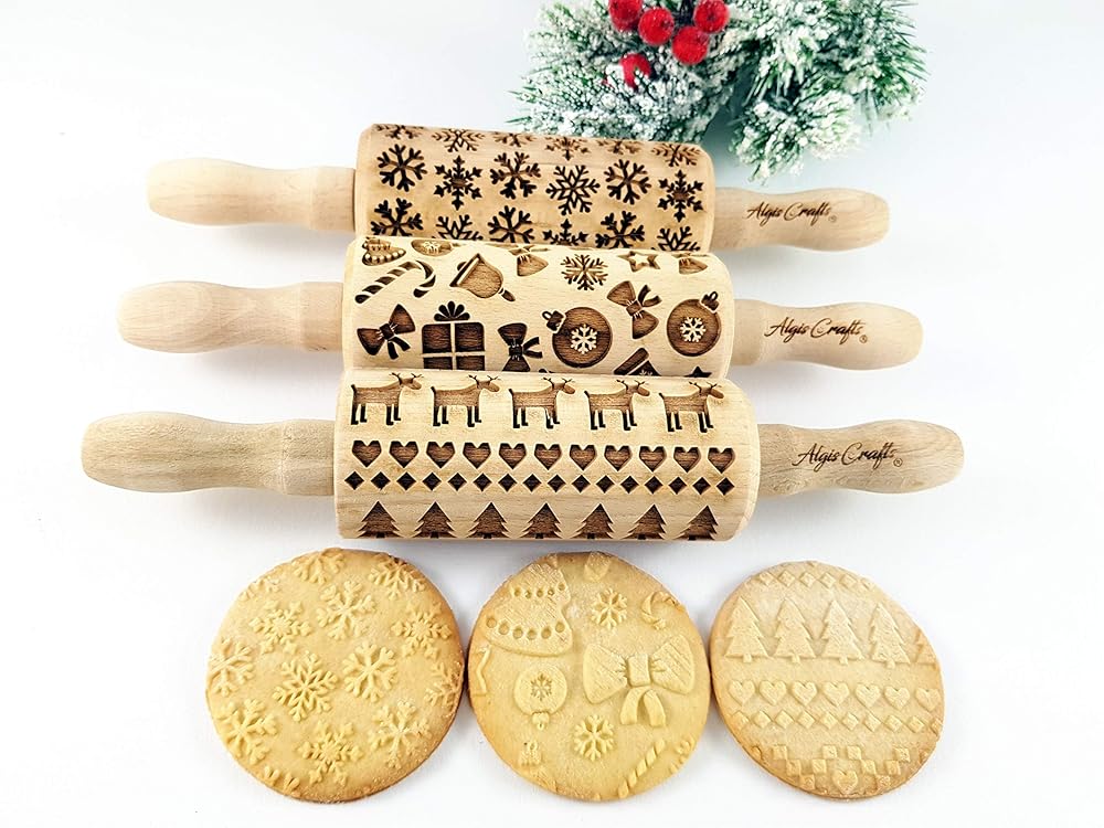 CHRISTMAS 3 Mini Embossed Rolling Pin Set Wooden Laser Engraved Textured rolling pins with Snowflakes, Elks, Christmas Trees and Gifts for Cookies by Algis Crafts