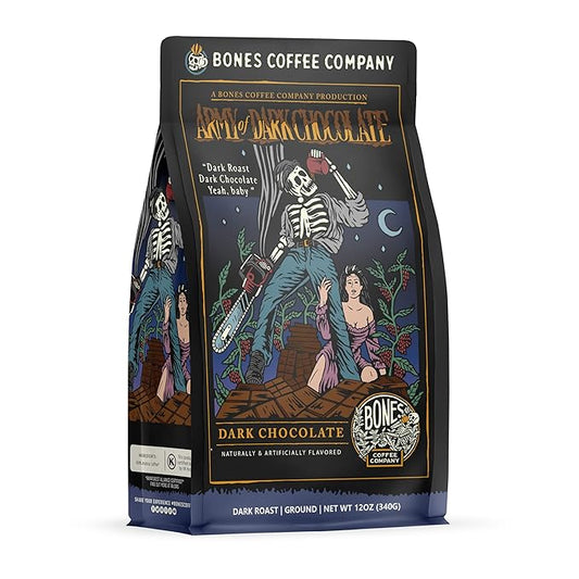 Bones Coffee Company Army of the Dark Chocolate Flavored Coffee, Medium Roast Low Acid Arabica Beans Compatible with Auto drip and French Press Coffee Maker, 12 Oz Ground
