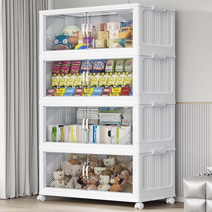 140Gal Plastic Stackable Storage Bins with Lid, 560QT Extra Large Closet Organizers Collapsible Cabinets Boxes with Drawers, Foldable Containers with 4X Wheels for Home Kitchen, V60 4Pack White