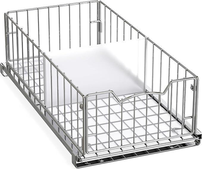 Simple Houseware Pull-Out Cabinet Sliding Basket Organizer, 17.2" D x 9.7" W x 5" H – Chrome Finished, Ideal for Kitchen and Bathroom Cabinet Storage, Under Sink or Pantry Organization