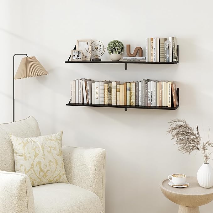 Heimlove Black Deep Floating Shelves for Wall, 36W x 8D Wood Wall Shelves Set of 2, Wide Floating Bookshelf for Living Room, Kitchen, Office, Bedroom and Decor Storage, with Metal Bracket - Black