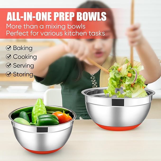 E-far Stainless Steel Mixing Bowls with Lids Set, 5-Piece Nesting Salad Bowls with 3 Grater Attachments and Non-Slip Bottoms, Size 4.6, 2.6, 2, 1.5, 1QT for Kitchen (Red)