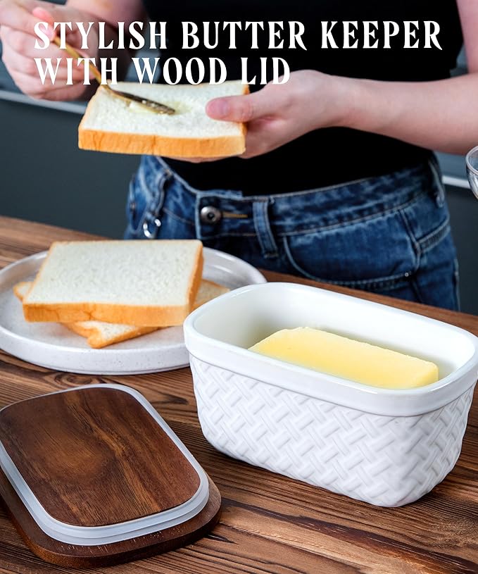 Nucookery Ceramic Butter Dish, Embossed Butter Keeper with Wood Lid for Countertop, Butter Holder and Container with Double Silicone Seal, Woven Pattern