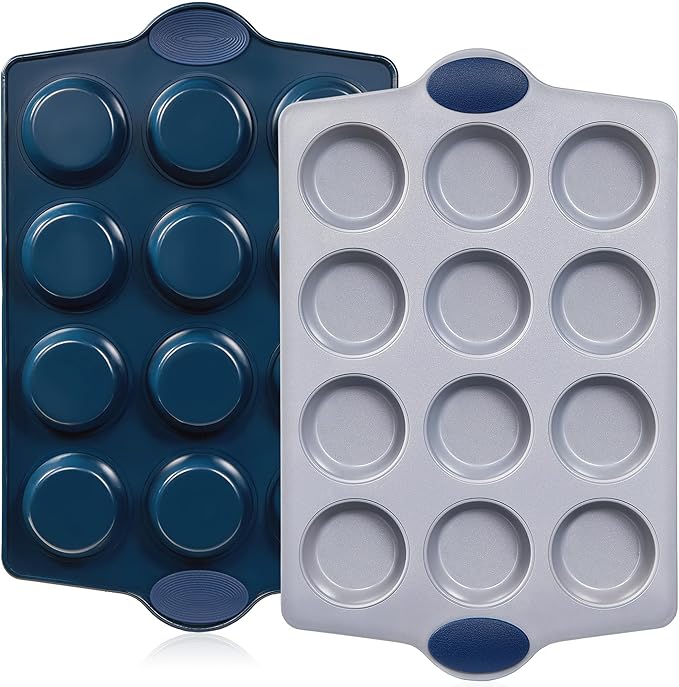 BRONYPRO Ceramic Muffin Pan, 12-Cup Nonstick Aluminized Steel Cupcake Pans, Healthy Non-Toxic Ceramic Coating Muffin tin, 2 Pack Cup Cake Pans for Baking Blue