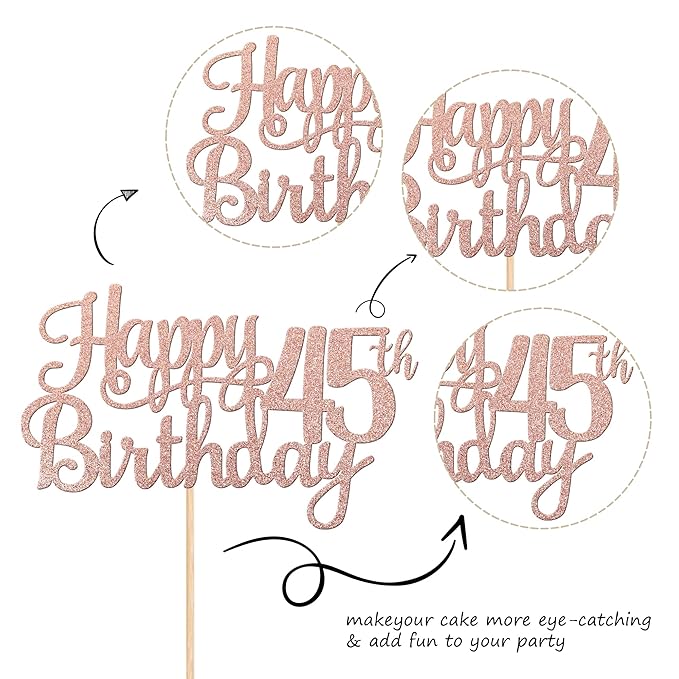 1 PCS Happy 45th Birthday Cake Topper Glitter Cheers to 45 Years Birthday Cake Pick 45 Fabulous Cake Decoration for Happy 45th Birthday Theme Party Decorations Supplies Rose Gold