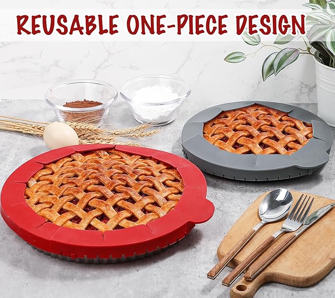 Webake Pie Crust Protector Shield Adjustable Pie Crust Shield Fits 11.5-9 Inch Pie Pan, European Food Grade Silicone Pinch Test Passed, for Baking Party Pie Tart, Pack of 2, Red and Grey