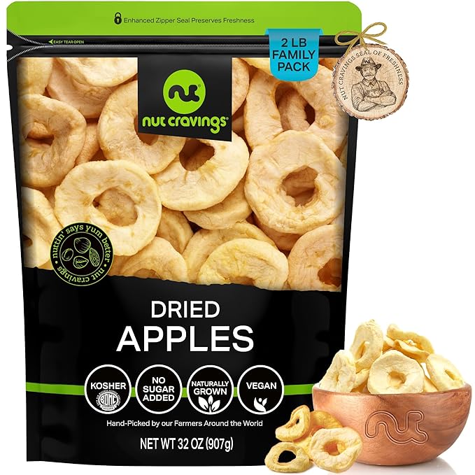 NUT CRAVINGS - Dried Apple Rings Slices, No Sugar Added - Chewy Soft Texture (32oz, 2 LB) Bulk Dry Fruits Packed Fresh in Resealable Bag - Sweet Healthy Snack, Naturally Grown, Vegan, Kosher